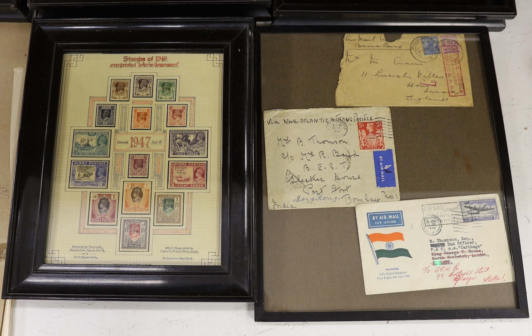 A collection of framed 1980's commemorative stamps, together with full sheets Guernsey, North Ireland and Scotland